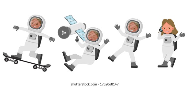 Astronaut kid girl character vector design. Presentation in various action with emotions.