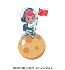  Niño astronauta en la luna instalando la ilustración de dibujos animados de Vector de bandera