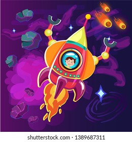 Astronaut kid on the rocket in space expedition