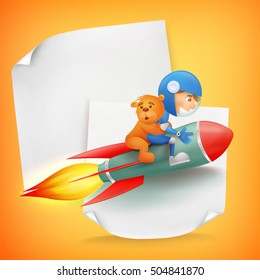 Astronaut kid riding red rocket with teddy bear. Vector concept card