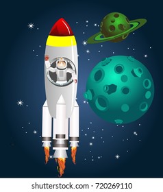 Astronaut kid in rocket flying in the space. Planets