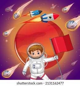 Astronaut kid in space with Mars planet and comets illustration