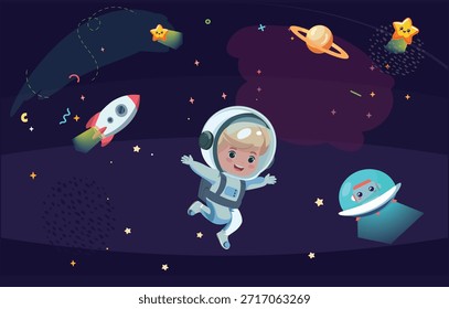 astronaut kid in space vector illustration	