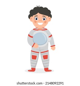 Astronaut kid. Spaceman in spacesuit. Smiling boy in uniform. Child cosmonaut character. Cartoon vector illustration.