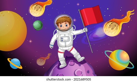 Niño astronauta de pie sobre un asteroide en la ilustración de la escena espacial