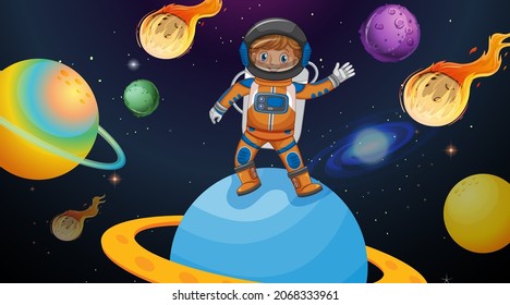 Astronaut kid standing on Satern planet in space scene illustration