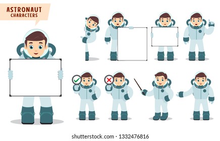 Astronaut kid vector character set. Spaceman holding empty whiteboard for text teaching and showing astronomy and science presentation. Vector illustration.
