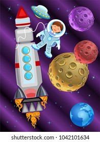 Astronaut kids on the rocket in space expedition.