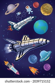 Astronaut kids on the rocket in space expedition.
