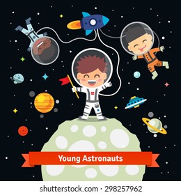 Astronaut kids on an space international expedition. Landing on the alien earth or moon from a rocket ship. Flat vector illustration isolated on black background.