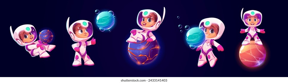 Astronaut kids set isolated on black background. Vector cartoon illustration of cute child in astronaut spacesuit playing with planet globe, floating in galaxy, education mascot, space exploration