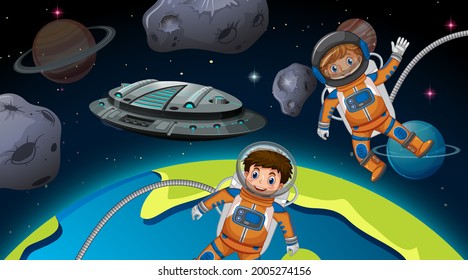Astronaut kids in the space scene illustration