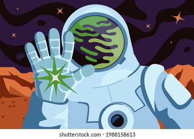 Astronaut landed and gloved hand greeting on planet surface. Cosmonaut spacesuit helmet reflect exoplanet landscape. Space exploration and colonization. Search life in universe and galaxy exploring