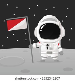 Astronauta aterrizando en la luna y sosteniendo la bandera en un polo chibi lindo arte plano simple Ilustración vectorial cabeza grande con detalle y parte móvil perfecto para niños cubierta de libro o activo de diseño 