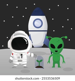 Astronaut landing in the moon with rocket meeting alien give plant chibi cute flat art simple vector illustration big head with detail and moveable part perfect for kids book cover or design asset 