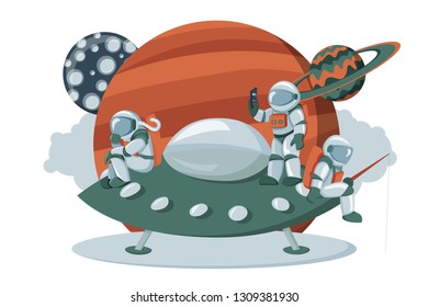 Astronaut landing on an alien space ship expedition. Iddle in space. Flat vector illustration isolated on white background. Web dashboard or page hero image
