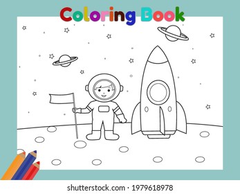 Astronaut Landing On Moon Coloring Book Illustration Vector.