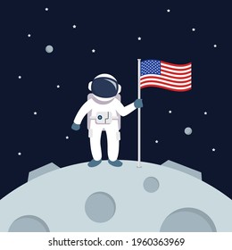 Astronaut Landing On Moon Holding American Flag. star and planets on galaxy background. Flat style vector illustration