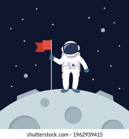 Astronaut Landing On Moon Holding Flag. star and planets on galaxy background. Flat style vector illustration