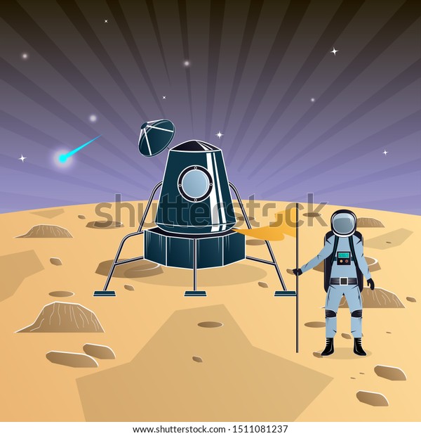 Astronaut.\
Landing on the moon, vector\
illustration