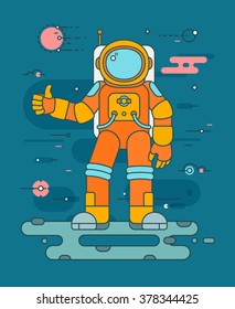 Astronaut landing on a planet - colorful vector illustration in flat style. Space exploration and colonization concept. Astronaut in the orange spacesuit in outer space. Flat space series 