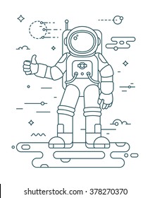 Astronaut landing on a planet - thin outline vector illustration in trendy style. Space exploration and colonization concept. Astronaut in outer space. Outline space series