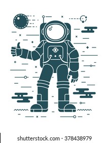 Astronaut landing on a planet - vector illustration in negative space style. Space exploration and colonization concept. Astronaut dark silhouette in outer space. Space concept