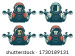 Astronaut with laser gun. Space warrior with blaster. Vintage Isolated vector illustration.