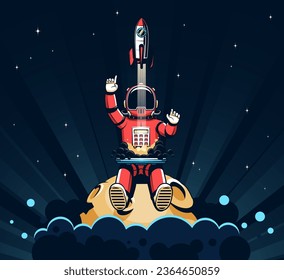 Astronaut launches a rocket while sitting on the moon. Space startup. Retro illustration in comic style.