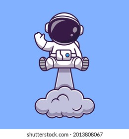 Astronaut Launching On Space And Waving Hand Cartoon Vector Icon Illustration. Science Technology Icon Concept Isolated Premium Vector. Flat Cartoon Style