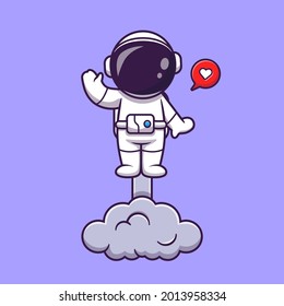 Astronaut Launching On Space And Waving Hand Cartoon Vector Icon Illustration. Science Technology Icon Concept Isolated Premium Vector. Flat Cartoon Style
