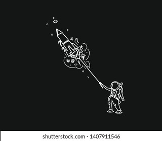 Astronaut launching rocket, Flat line art vector design. 