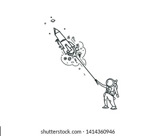 Astronaut launching rocket, Flat line art vector design. 