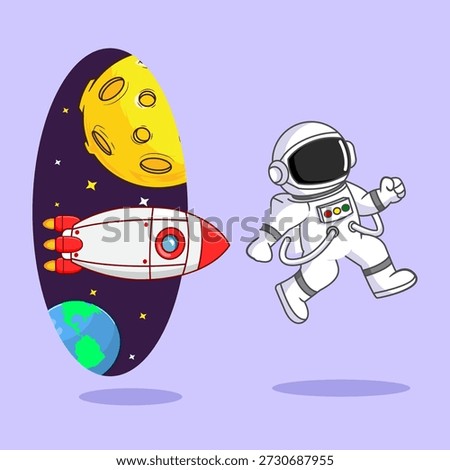 Astronaut Leaping into a Cosmic Portal with Rocket and Planets Vector Illustration Cartoon Design