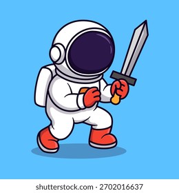 Astronaut, der lernt, wie man eine Schwertdarstellung benutzt. Astronaut-Vektorsymbol.