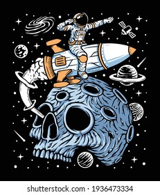 Astronaut leave planet skull with rocket illustration