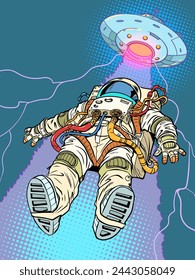 El astronauta es elevado hacia sí mismo por un rayo de platillo volador. Fenómenos paranormales en la galaxia y alienígenas. Explorando el universo en busca de vida. Arte pop retro ilustración vectorial kitsch