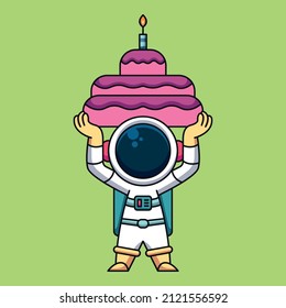 Astronaut lifting birthday cake, cute cartoon icon illustration