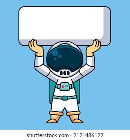 Astronaut lifting blank page, cute cartoon icon illustration