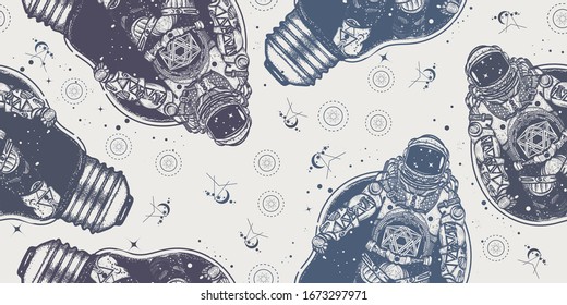 Astronaut in a light bulb. Seamless pattern. Packing old paper, scrapbooking style. Vintage background. Medieval manuscript, engraving art. Symbol of creative thinking, new ideas. Spaceman concept 