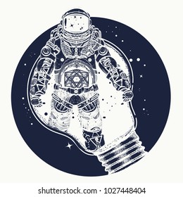 Astronaut in a light bulb tattoo art. Symbol of creative thinking, new ideas 