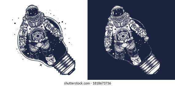 Astronaut in a light bulb tattoo art. Symbol of creative thinking, new ideas. Spaceman surreal t-shirt design. Black and white vector graphics 