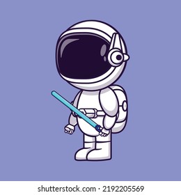 Astronaut and light saber cartoon illustration. Cute astronaut character carrying light saber. Galaxy fantasy character design for kids