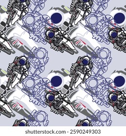 Astronaut line art. Hand drawn astronaut seamless pattern