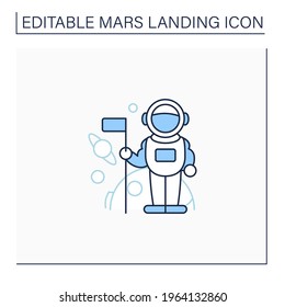 Astronaut line icon. Spaceman keeps flag. Visit note. Planet research. Mars landing concept. Isolated vector illustration. Editable stroke