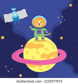 astronaut lion on planet at space