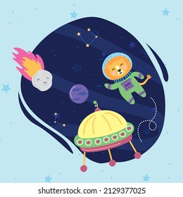 astronaut lion and ufo at space