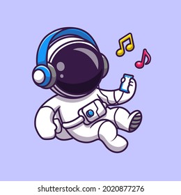 Astronaut Listening Music With Headphone Cartoon Vector Icon Illustration. Science Technology Icon Concept Isolated Premium Vector. Flat Cartoon Style