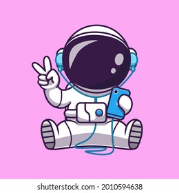 Astronauten Hörmusik mit Kopfhörer und Cartoon-Vektorsymbol-Illustration von Peace Hand. Science Technology Icon Konzept isolierter Premium-Vektorgrafik. Flachbildkartonstil