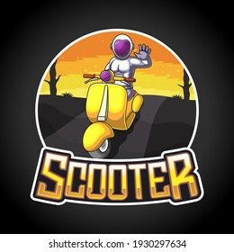 astronaut logo mascot driving a yellow scooter